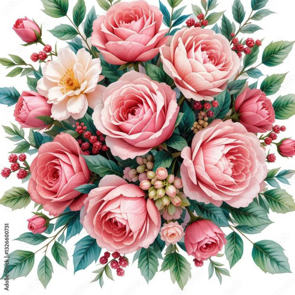 A beautiful bouquet of pink roses with a colorful floral background