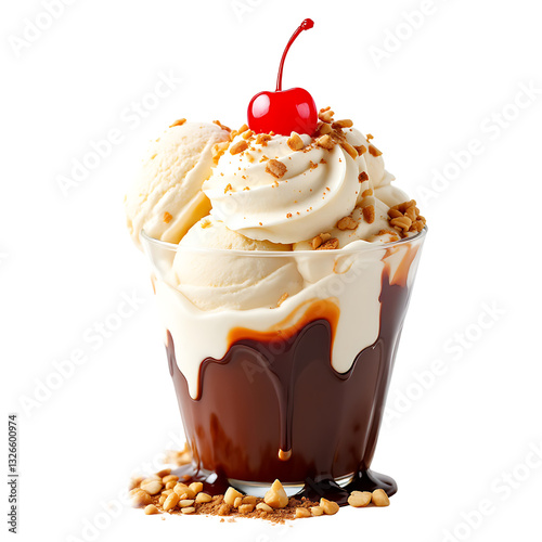 Classic hot fudge sundae with vanilla ice cream scoops, cascading chocolate sauce, whipped cream, chopped nuts, and maraschino cherry, high-resolution food photography