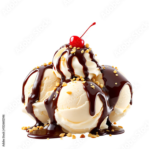 Classic hot fudge sundae with vanilla ice cream scoops, cascading chocolate sauce, whipped cream, chopped nuts, and maraschino cherry, high-resolution food photography