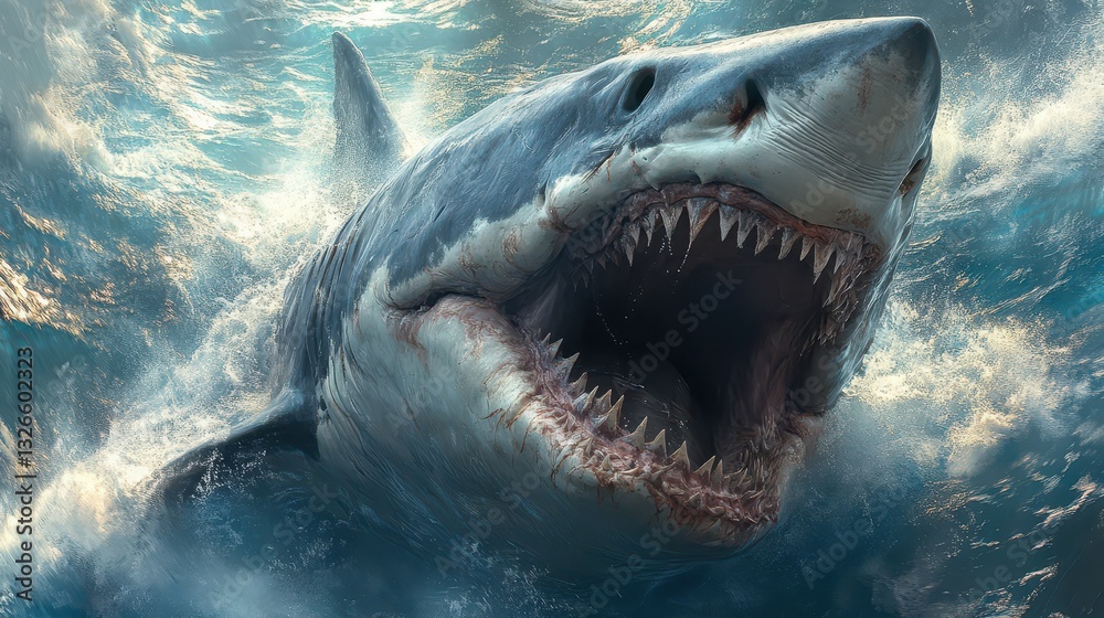 Obraz premium A massive shark bursts through the water, displaying its sharp teeth, while waves crash around it against a backdrop of a sunny coastal landscape