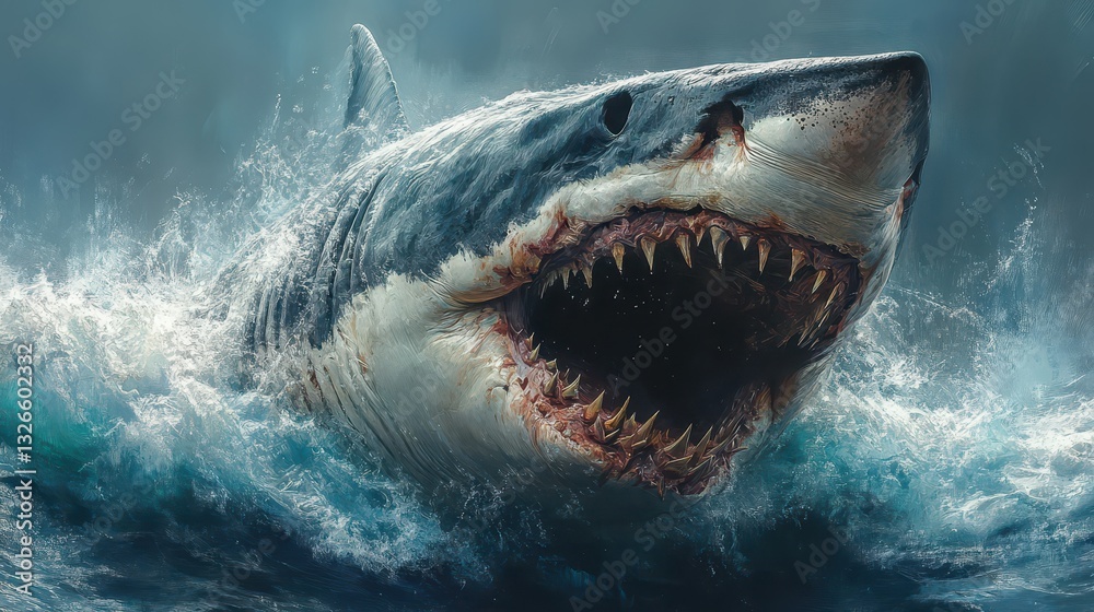 Obraz premium A large great white shark bursts through powerful ocean waves, revealing its massive jaws filled with sharp teeth. The scene captures the raw beauty and excitement of marine life in action