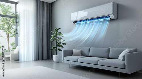 Air conditioner with fresh and cool wide waves in living room.