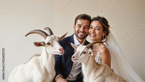  Smiling bride and groom posing with goats at wedding.
