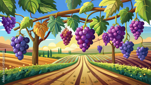 grapes hanging from a vine in a vineyard.