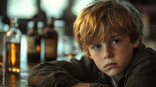 A young boy with tousled blonde hair sits at a bar counter, gazing thoughtfully. Dim lighting enhances the ambiance, and several bottles can be seen behind him