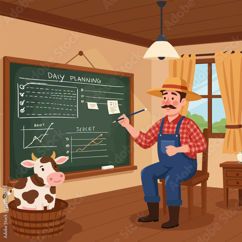 Farmer Planning Daily Tasks on Blackboard with Cow in Wood Bucket