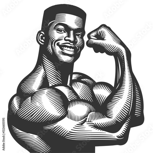 strong, muscular man flexing his biceps with a determined expression, symbolizing power, confidence, and strength sketch engraving generative ai raster illustration. Scratch board. Black and white.