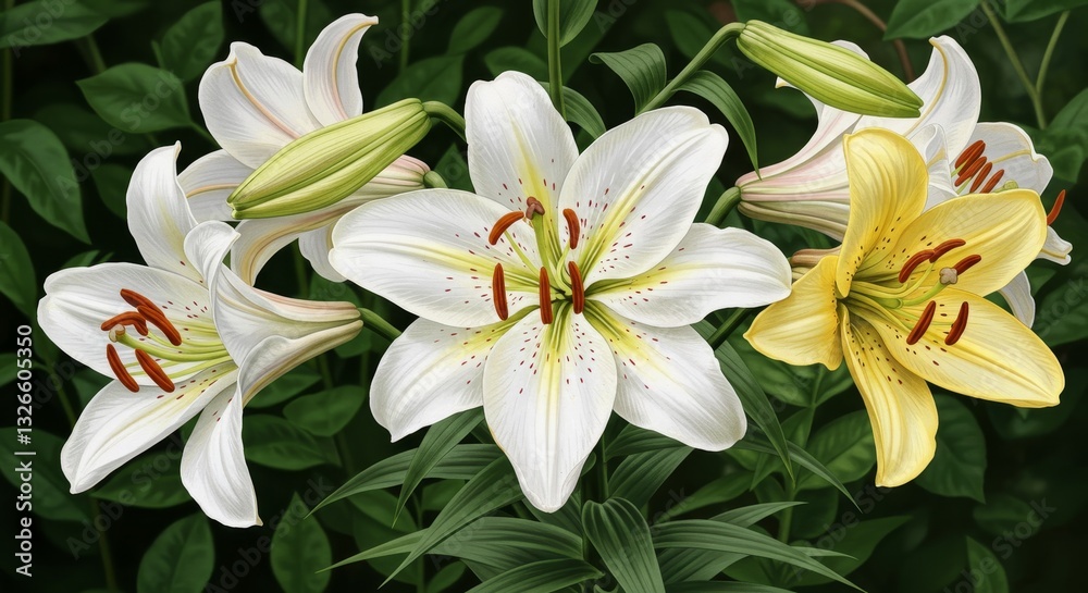 Fototapeta premium Elegant Lilies in Bloom - Close-up view of three lilies, two white and one yellow, in full bloom, set against a dark green background