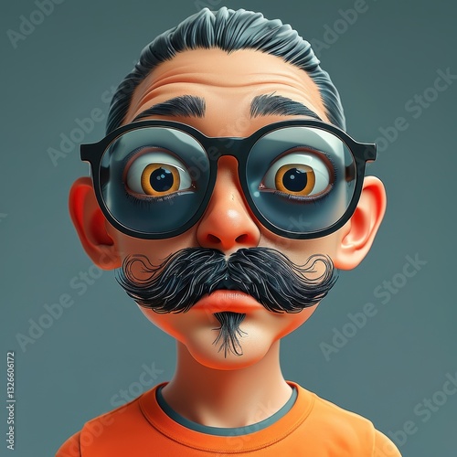 cartoon illustration of a man with a black mustache, bulging eyes, and funny black glasses