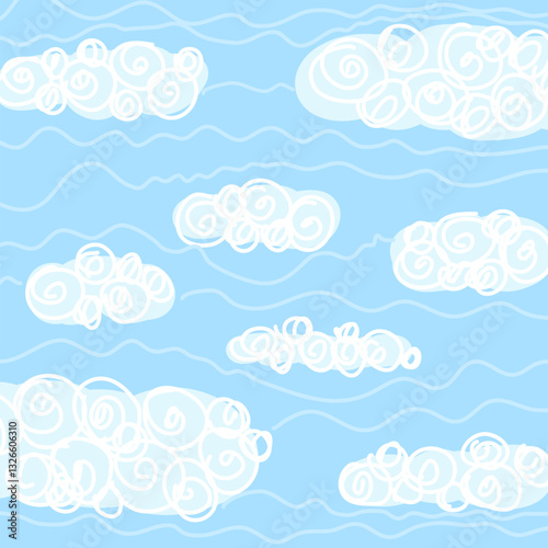A whimsical and playful illustration features fluffy white clouds basking against a serene and clear blue sky