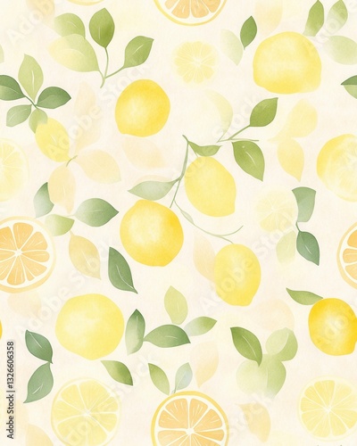 A soft watercolor illustration of lemon groves featuring bright yellow lemons on branches surrounded by lush greenery