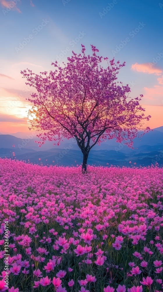A striking cherry blossom tree graces a stunning field of pink blooms as the sun sets in the background, casting a warm, golden light over the serene landscape A striking cherry blossom tree graces a stunning field of pink blooms as the sun sets in the background, casting a warm, golden light over the serene landscape