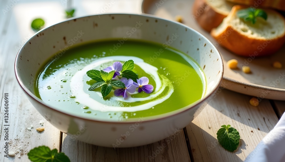 A fresh spring soup with bright colors and rustic plating. AI-Generated.	