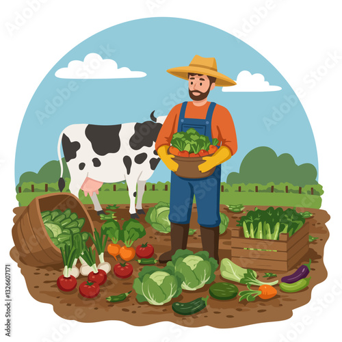 Farmer Harvesting Fresh Vegetables on a Farm with Cow Illustration