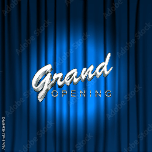 A grand opening sign with elegant silver lettering shines against a rich blue curtain backdrop. The luxurious design and dramatic lighting make it ideal for events, business launches, or celebrations.