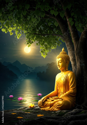 Buddha purnima tranquility: golden buddha meditation by moonlit lake