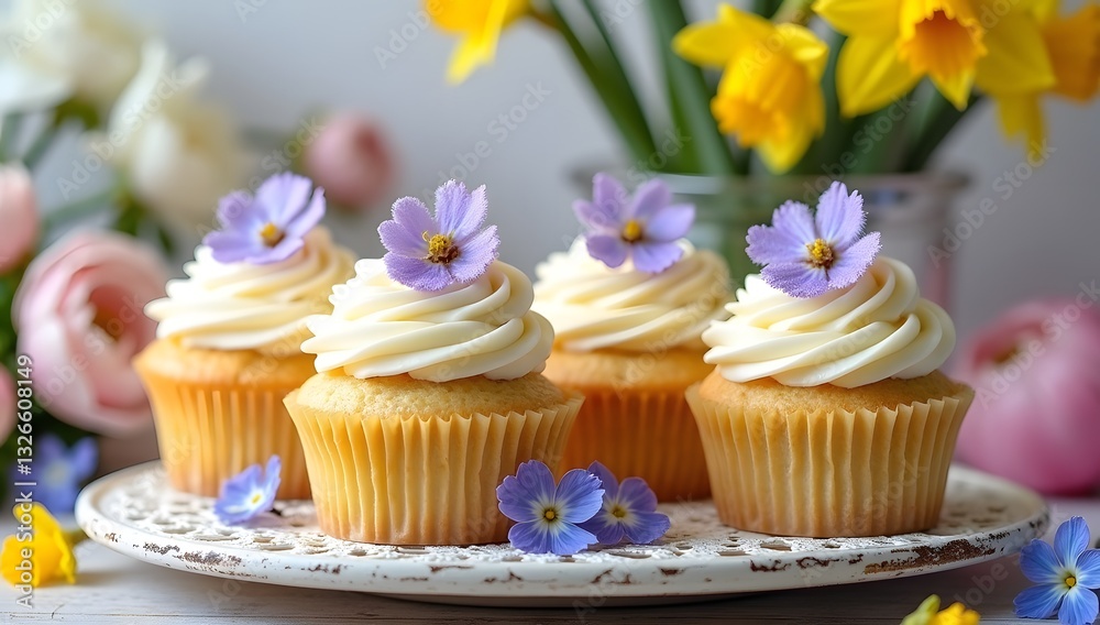 Aesthetic lemon poppy seed cupcakes with floral décor. AI-Generated. Aesthetic lemon poppy seed cupcakes with floral décor. AI-Generated.