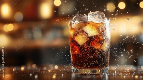 A glass of cola with ice cubes on a table.