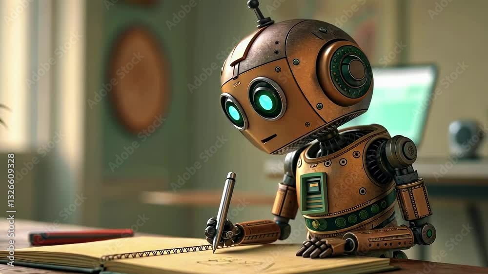 A charming robot sketching in a cozy room with a computer in the background, showcasing creativity