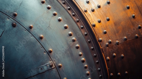 Closeup of riveted metal industrial machine showing textures and colors