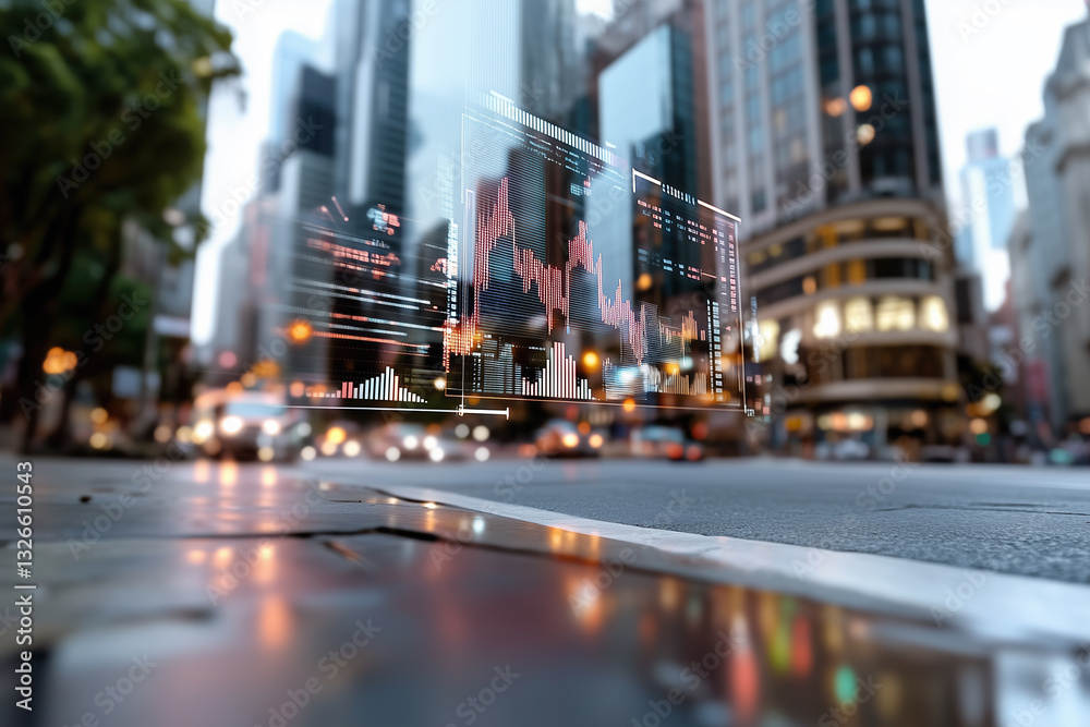 Fototapeta premium dynamic digital landscape featuring transforming cityscapes and financial data visualizations, showcasing intersection of technology and urban life