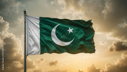 	The national flag of Pakistan flying high at sunset showcasing the spirit of patriotism unity and national pride