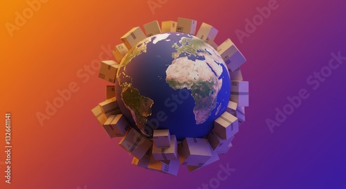 Global Delivery Network - Packages encircling the globe, illustrating worldwide shipping and logistics photo