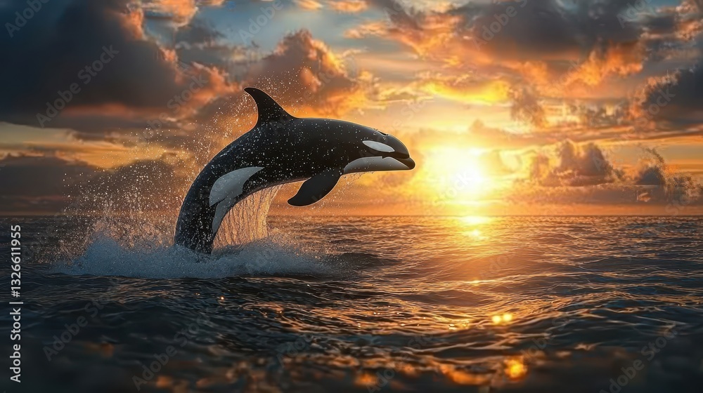 Fototapeta premium Gorgeous Orca Breaching at Sunset with Dramatic Cloudy Sky