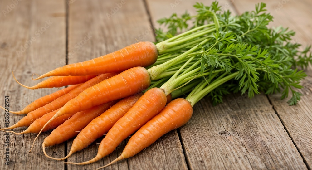 Bunch of fresh orange carrots with green tops on a rustic wooden table Bunch of fresh orange carrots with green tops on a rustic wooden table