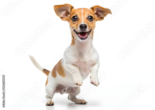 small dog standing on two legs with joyful expression on white background. laughter humor