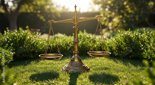 Golden Scales of Justice in Garden - A golden scale of justice sits in a lush green garden, bathed in sunlight. Symbol of law, balance, and fairness photo