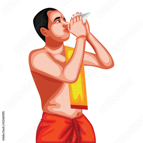 Indian Pandit Is Blowing Conch Shell Portrait Vector Illustration