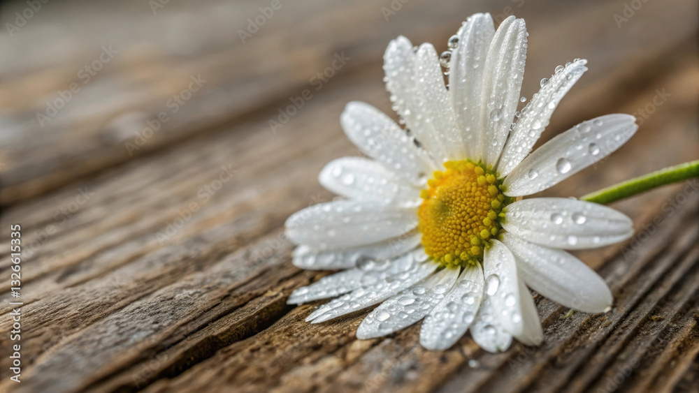 Obraz premium Micro petals background A close-up of a daisy with dew drops resting on a wooden surface. Abstract micro flower.