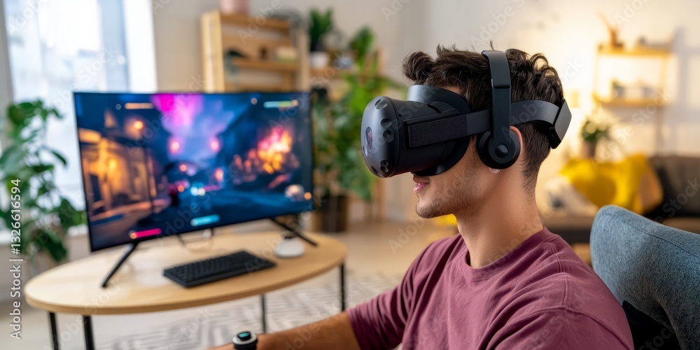 Engaging Young Man Using Virtual Reality Headset for Gaming Experience Engaging Young Man Using Virtual Reality Headset for Gaming Experience