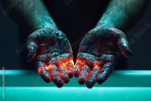 A photorealistic 3D-rendered image of an adult’s hands under a UV light, revealing countless glowing germs, bacteria, and viruses on the skin. The contrast between the invisible and visible microbes 