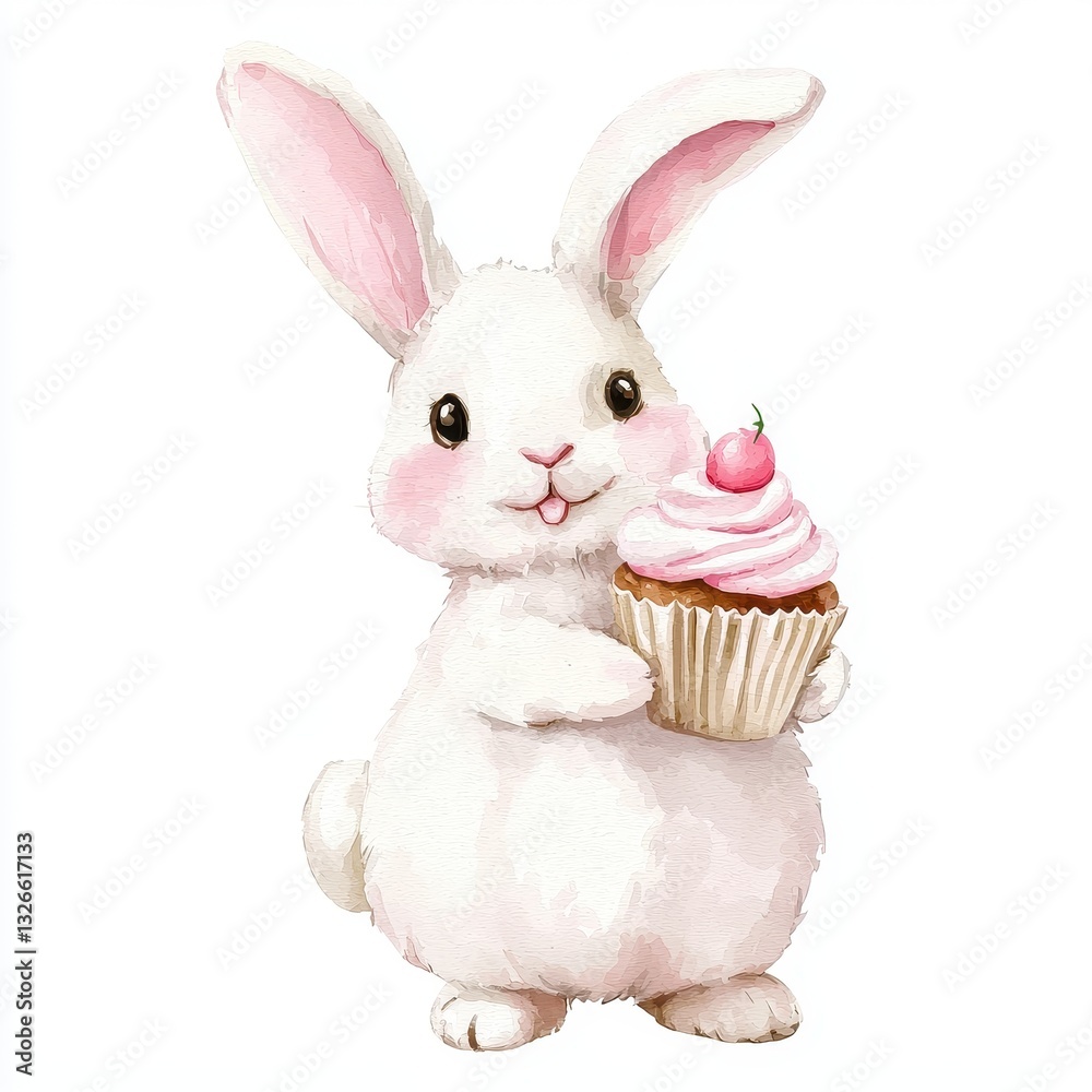 Obraz premium Adorable White Bunny Rabbit Holding Pink Cupcake Watercolor Illustration Easter Childrens Book