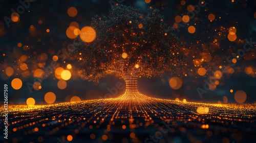Glowing digital tree with root network.