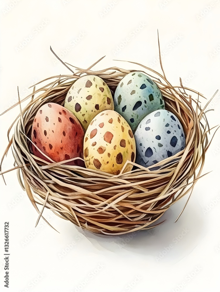 A containing three beautiful eggs symbolizing new life and the spirit of easter against a white background