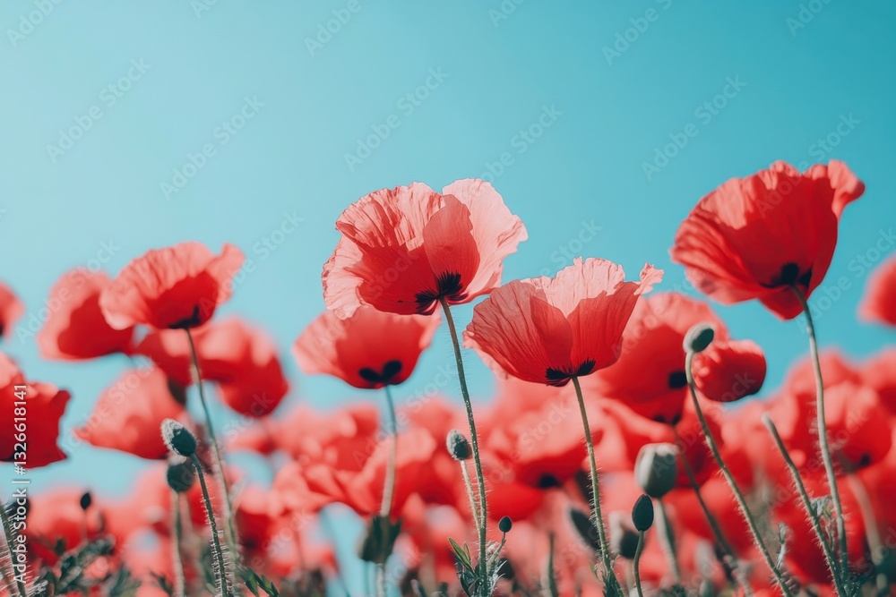 Fototapeta premium Vibrant wildflowers dancing under a bright blue sky in a serene meadow on a sunny day