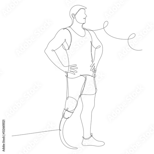 Paralympic athlete with artificial limb standing preparing to run. Continuous line vector illustration, white background.
