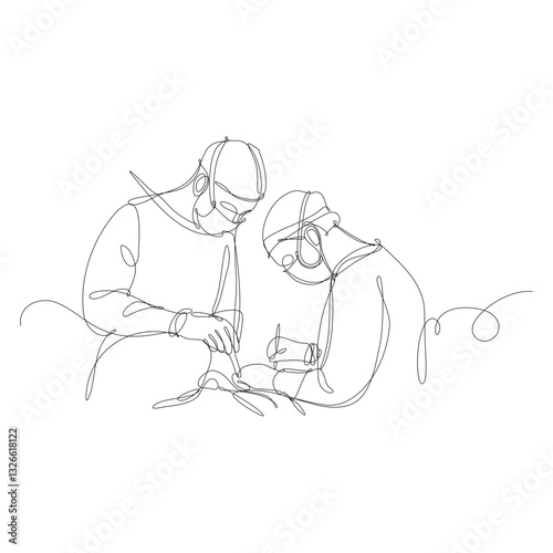 Two surgeons operate on a patient. Continuous line illustration on white background.