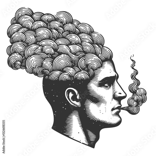 man with smoke emerging from his head, symbolizing thoughts and imagination sketch engraving generative ai fictional character vector illustration. Scratch board imitation. Black and white image.