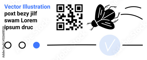 QR code, black and white fly graphic, lorem ipsum text, check mark, progress line, and circular icons. Ideal for tech, nature coding communication design marketing content creation. Landing page