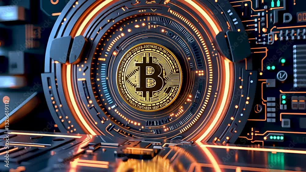 Bitcoin digital currency with glowing futuristic blockchain circuit and decentralized financial technology concept
