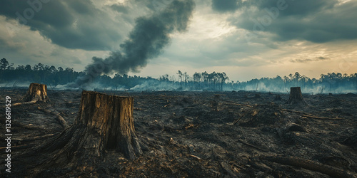 Deforested land with tree stumps and smoke from distant fires in a cinematic shot