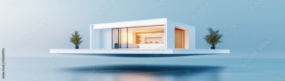 Fototapeta premium A floating 3D-rendered house in a futuristic real estate showroom