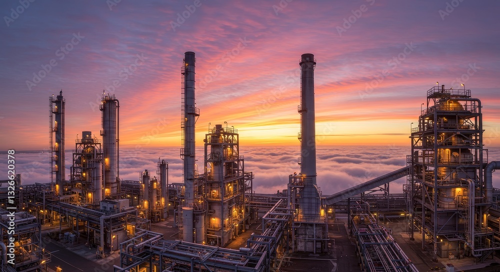 Obraz premium Industrial Refinery at Sunrise - A sprawling industrial refinery complex is pictured at sunrise, with clouds below, showcasing its intricate network of towers and pipelines