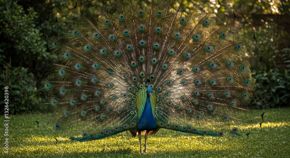 Obraz premium Indian Peacock in Vibrant Display - Majestic Indian peacock showcasing its iridescent train feathers, symbolizing beauty, pride, , spirituality, and nature's artistry