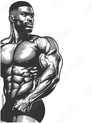 muscular bodybuilder striking a powerful pose, symbolizing strength, fitness, bodybuilding, and athleticism sketch engraving generative ai vector illustration. Scratch board. Black and white image.