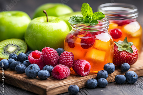 Refreshing fruit iced tea in mason jars, surrounded by fresh produce photo